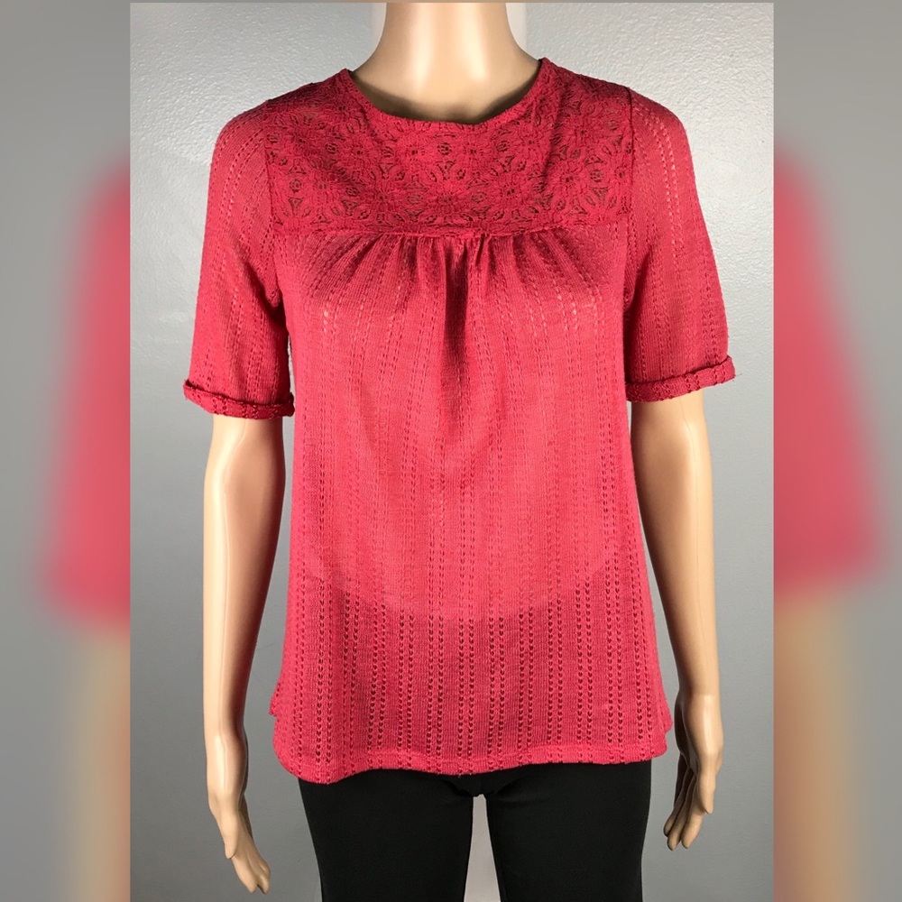 LC Lauren Conrad Small Rust Elbow Sleeve Lace Top